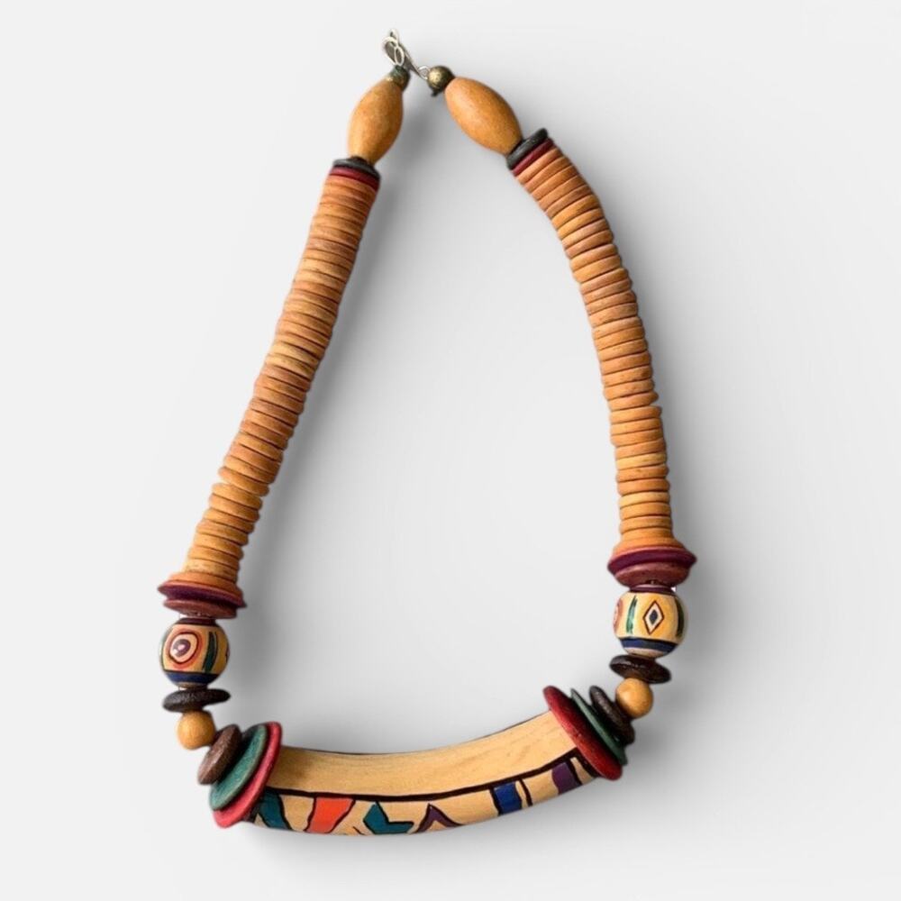 Vintage Hand Painted Wooden Statement Necklace Boho Tribal Art Eclectic Jewelry